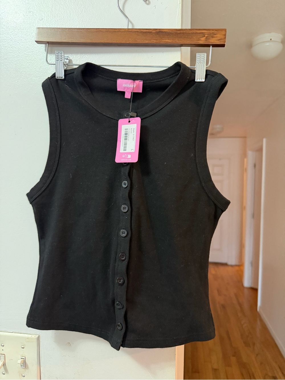 Edikted Black Ribbed Button-Front Tank